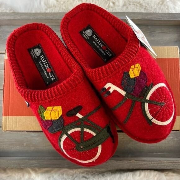 Haflinger Red Bicycle Soft Wool Slippers Sz 36 US 5.5 NEW In BOX - Picture 2 of 10